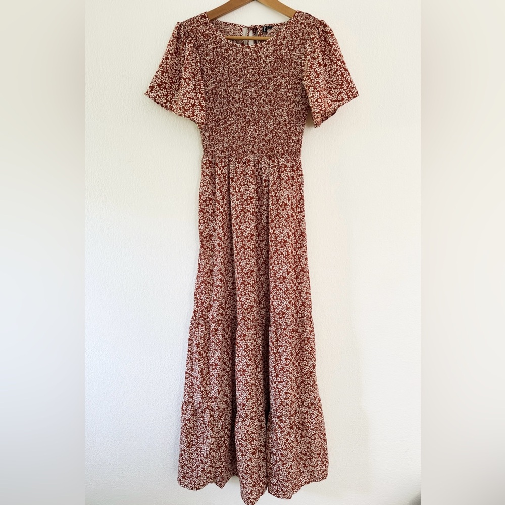 Floral Rust Flutter Sleeve Maxi Dress
